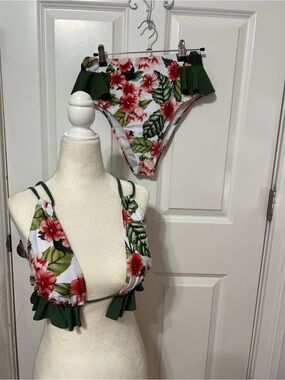 Floral High-Waist Bikini Set with Green Ruffle Trim